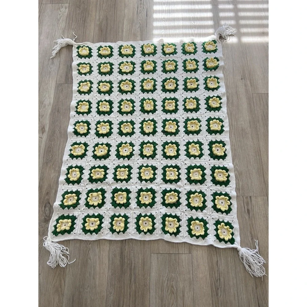 VTG Handmade Crochet 3D Afghan Throw Granny Square Yellow Rose Of Texas 32x51